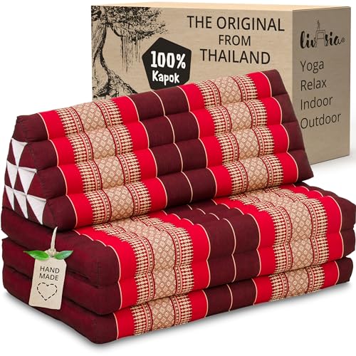 livasia Thai cushion with 3 seat rests for couples - 75x31x3.1″ - XXL, Triangle cushion with folding mattress, Extra wide, kapok, Back support cushion, Thai mat, folding (Ruby)