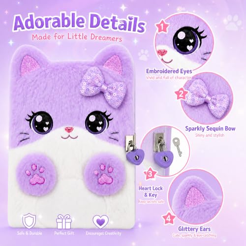 Image of Cat Diary with Lock for Girls Ages 4-12, Fuzzy Secret Journal Notebook Set