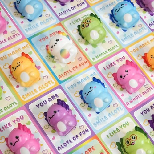 24 Piece Valentines Day Cards for Kids, Valentines Card with Axolotl Slow Squishy Toys for School Classroom Class, Valentine Gifts for Toddlers Boys Girls, Valentine's Gift Exchange Party Favor