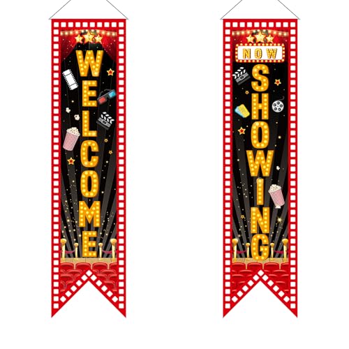 2pcs Bannière de Signe de Porche de Soirée Cinéma, 120x30cm Welcome Now Showing Bannière de Soirée Cinéma Bannière de Cinéma pour la Maison Fête de...