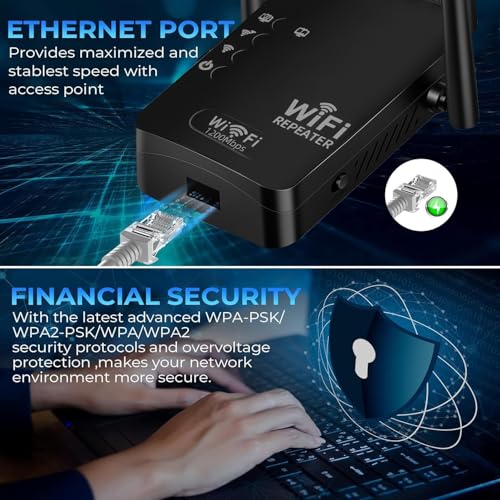 Image of 1200Mbps WiFi Extender Signal Booster,WiFi Extender Dual Band for Home，New Gen 6X Faster Internet Booster Extender, WiFi Repeater Coverage up to 10K sq.ft and 65 Devices(Black)