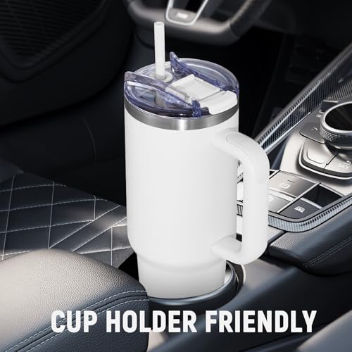 Image of COKTIK 40 oz Tumbler With Handle and Straw Lid, Vacuum Insulated Travel Coffee Mug Stainless Steel Insulated Cup for Beverages, Leak-proof, Cupholder Friendly (Snow)