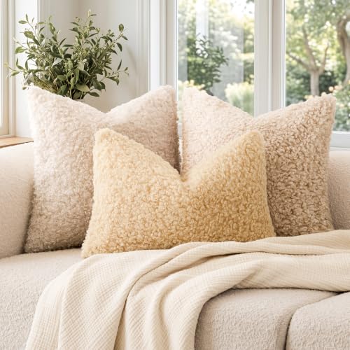 Image of Foindtower Set of 2 Curly Teddy Wool Pillow Covers Decorative Boucle Textured Lumbar Throw Pillow Faux Fur Sherpa Pillowcases Sheepskin Fuzzy Cushion Case for Sofa Bedroom Car 12 inchx20 inch Light Yellow
