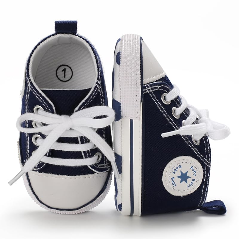 Image of Unisex Baby Girls Boys Canvas High-top Shoes, Newborn Infant Anti-Slip Soft Sole Frist Walking Breathable Sneakers