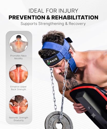 Image of RACE Neck and Head Strengthening Equipment Weight Harness Thick Padded Adjustable Strap with Heavy Duty Steel Chain & Rings for Gym Crossfit Fitness Training Injury Rehab (BLUE)