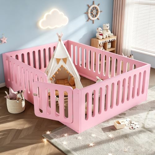 Image of Bellemave Queen Montessori Floor Bed Frame,Pink | Solid wood kids montessori floor bed with high safety fence & door, low to ground design for girls and boys