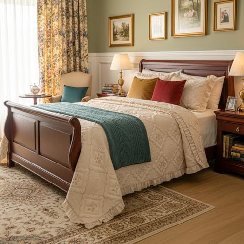 Image of BOV Beige King Size Farmhouse Comforter Set, Vintage Ruffle Quilt Bedding with Pillow Shams, French Country & Cottage Style Bedding for Shabby Chic Bedrooms, 106x96 Inches