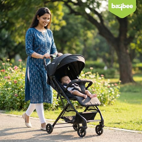 Image of BAYBEE Baby Stroller With 2 in 1 Bassinet & Seat Mode with Parent Handle Bar, 360 Swivel Wheels, 3 Position Recline, Leg Rest, Canopy for Sun Shade & Storage Basket, Ideal Travel Friendly Strollers for Boy Girl (Black)