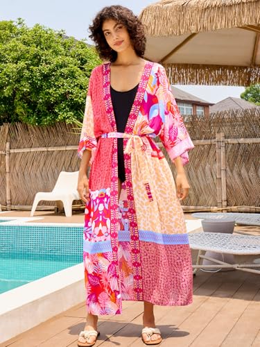 Image of Women's Kimono Cover Up Long Beach Dress Swimsuit Cover Ups Colorful Cardigan Lightweight Robe for Swimwear