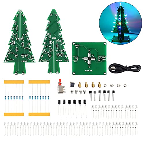 WHDTS RGB LED Flashing Christmas Tree DIY Kits Electronics Soldering Colorful 3D Xmas Tree DIY Module Funny Kits 1.6mm PCB Board for Soldering Practice Learning