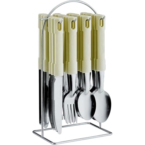 GALORE New 24PC Cutlery Dinner Set Stainless Steel Metal Stand Rack Forks Tea Spoons (Cream)