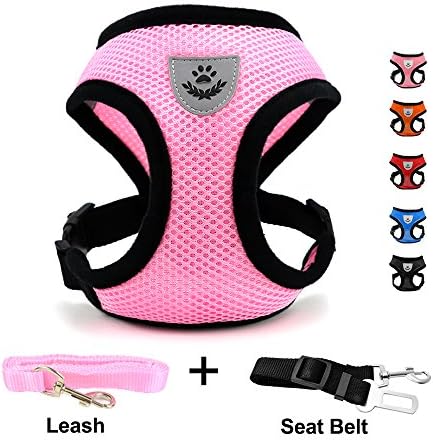 DogJog Mesh Harness with Padded Vest for Puppy and Cats No Choke Design Ventilation Gift with One Leash & Seat Belt (S,Pink)