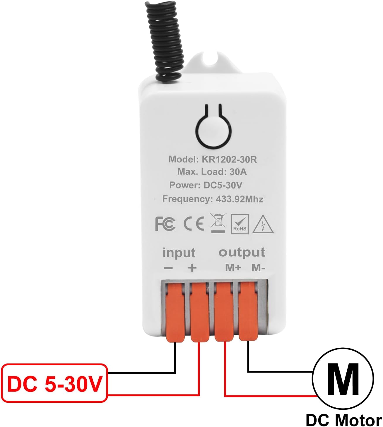 Wiring diagram for QIACHIP 30A relay receiver. Input terminals are for DC 5-30V power supply, and output terminals connect to the DC motor for forward and reverse control.