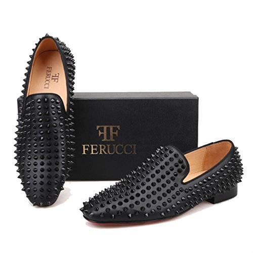 FERUCCI Men Black Leather Slippers Loafers Flat with Black Spikes4