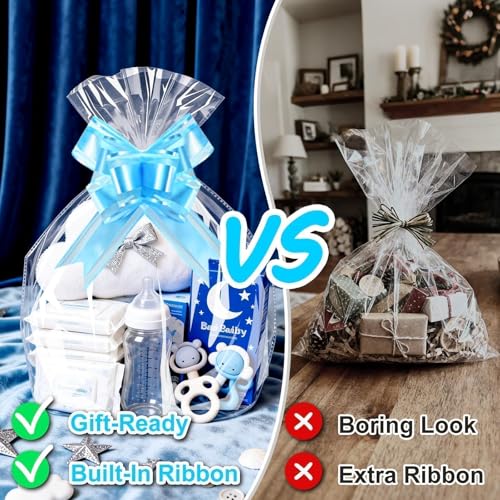 Image of PigPotParty Cellophane Bags for Gift Baskets, 16x24 in, 10 Pack, Blue Bows | Thick clear OPP holds shape; seamless bottom resists tears; easy-to-use large pull bows save time and add a polished finish