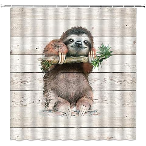MNSC Sloth Shower Curtain Rustic Wooden Board Cute Sloth on Branch Tree Kids Lovey Animal Farmhouse Funny Cartoon Wild Animals Star Kids Baby Art Decor Fabric Bathroom Curtain with Hooks Cover