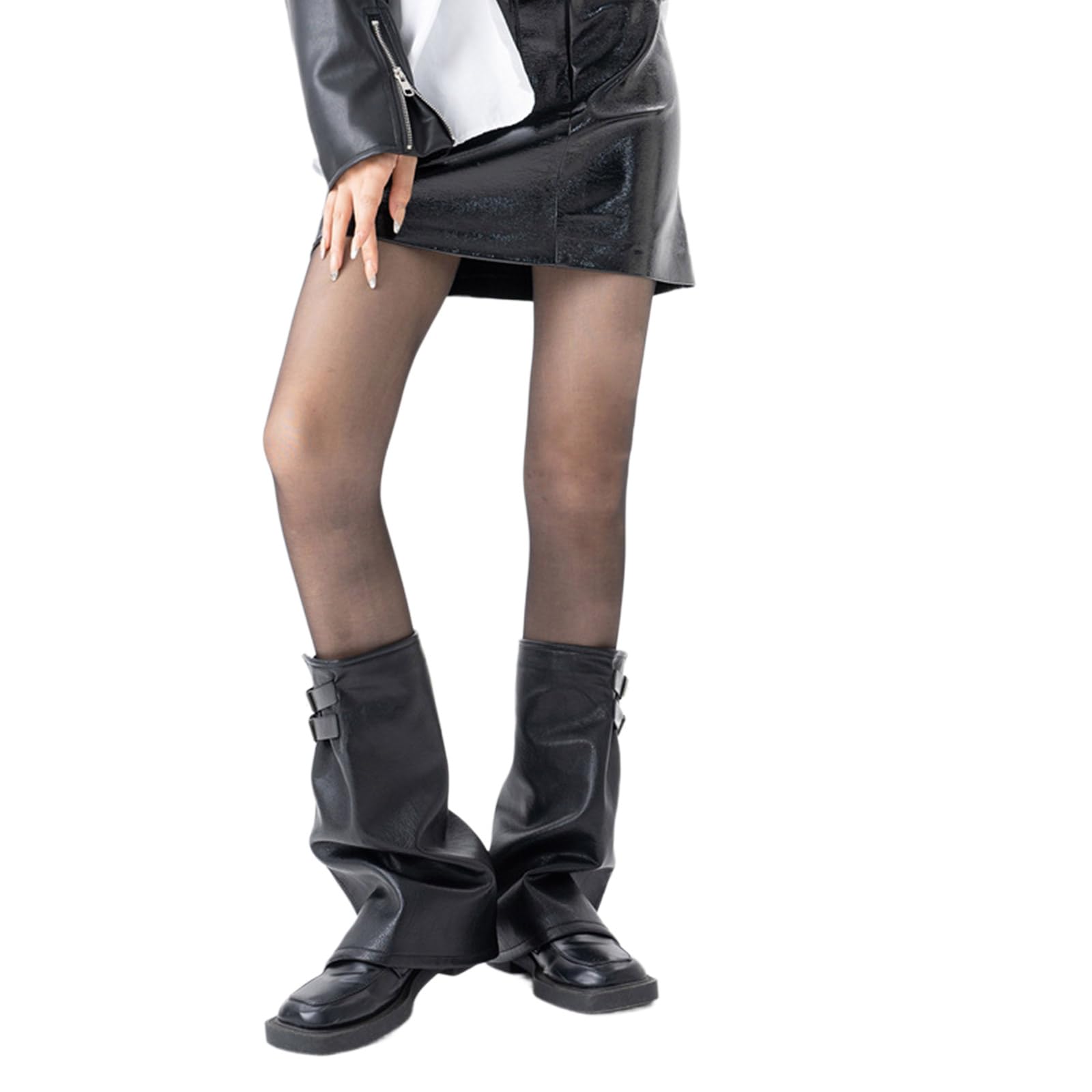 Y2K Jambières évasées en cuir PU noir punk avec ceinture à œillets et fermeture éclair pour femme