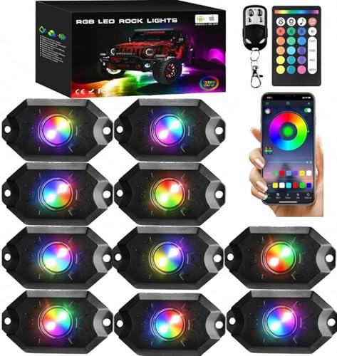 icicar 10 Pods Aluminum LED Rock Lights, APP Control Dual Remote RGB Waterproof Off Road Underglow Kit with Music Mode for Trucks ATV UTV RZR RV Boats by icicar - Used condition - US$43.92