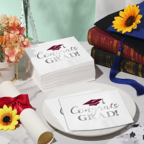 100 Pcs Graduation Party Napkins Beverage Cocktail Napkins Foil Graduation Disposable Paper Napkins 2023 Hand Towels For Graduation Party Celebration Decorations (White Silver Maroon) #TOP4