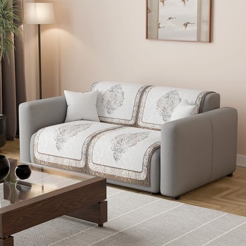 Image of Kuber Industries 2 Seater Sofa Cover | Velvet Slipcover for Living Room | Thick & Cozy | Non-Slip Comfort Sofa Cover Set | Digital Painting Juliet 1186 - Cream & Brown