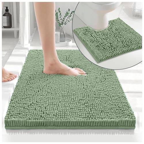 GC GAVENO CAVAILIA 2 Piece Non Slip Rubber Backed Mats - Super Absorbent Antibacterial Toilet Carpet Mat - Quick Dry Microfiber Chenille Rug Washable Bath Mats - Sage Green