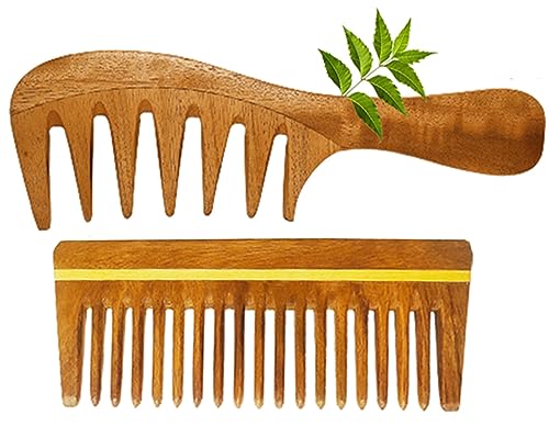 Image of Neem Wood Wide Tooth Comb for Hair - Natural Wooden Anti-Static Detangling Comb for Men & Women | Helps Reduce Breakage & Frizz | Scalp Massage | Eco-Friendly Hair Care Tool (Pack of 1) (Neem Wood - Combo)