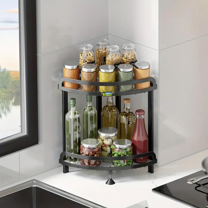 Image of IBELL IBLCS233 2 Layer Kitchen Corner Rack /Shelf, Carbon-Steel /Kitchen Organizer /Counter for Utensils Storage (Black)