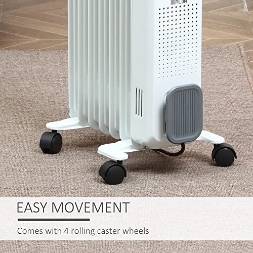 HOMCOM 1500W Oil Filled Radiator, Portable Electric Heater with 3 Heat Settings, Safety Cut-Off and Wheels, White - Image 5
