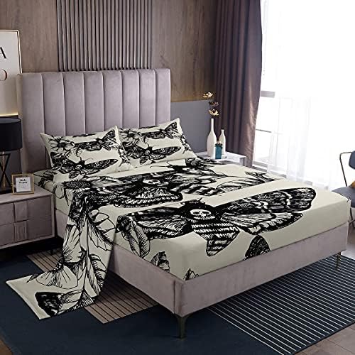 Feelyou Gothic Skull Bedding Set Decorative Death Moth and Flowers Sheet Set Queen Size for Kids Teens Adults Bedroom Decor Breathable Pesonalized Skeleton Bones Bed Sheet Set Black Cream Bed Sheets