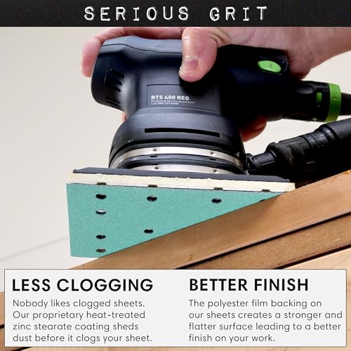 Image of Serious Grit - 3 inch x 5 inch (80x133mm) 14-Hole P600 Grit Sandpaper - 50 Pack Box | Fits Festool RTS 400 & Mirka DEOS 353 - Heavy-Duty Hook & Loop Wet /Dry Film Sanding Sheets for Doors, Cabinetry, Paint, etc