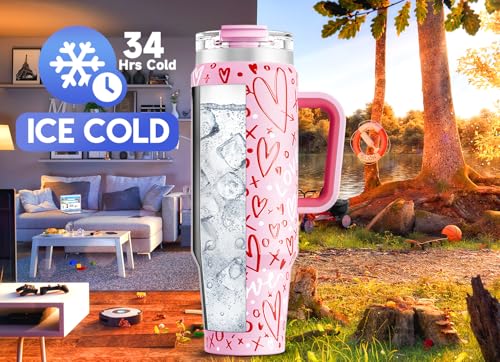 Image of Meoky 40 oz Tumbler with Handle and Straw, Insulated Tumbler with Lid and Straw, Stainless Steel Travel Mug, Keeps Cold for 34 Hours, 100% Leak Proof, Fits in Car Cup Holder (Fancy)