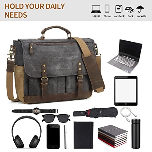 Wogarl Mens Messenger Bag 15.6 Inch Genuine Leather Waxed Canvas Computer Laptop Bag Briefcase Large Satchel Shoulder Bag With Leather Portfolio,Black #TOP7