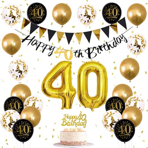 Image of Jobkoo 40th Birthday Decorations for Men, Black Gold 40th Birthday Balloons Black Happy 40th Banner 40th Cake Topper Number 40 Foil Balloon for Women 40 Year Old Party Decor