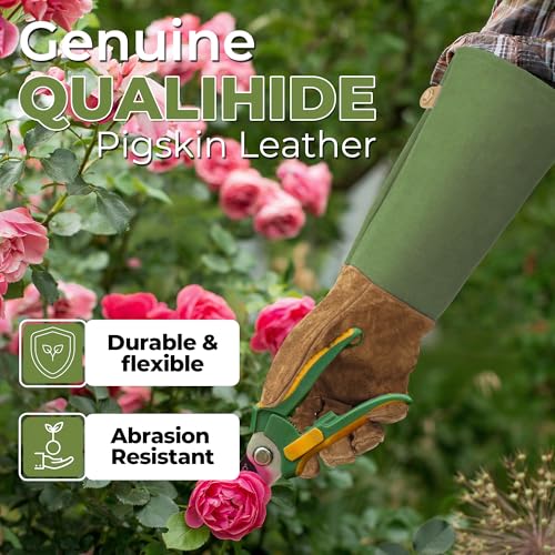 Image of HANDLANDY Rose Pruning Gloves for Men Women, Thorn Proof Gardening Gloves | Long Leather Gardening Gloves, Breathable Leather Gauntlet, Best Garden Gifts & Tools for Gardener (Moss Green, L)