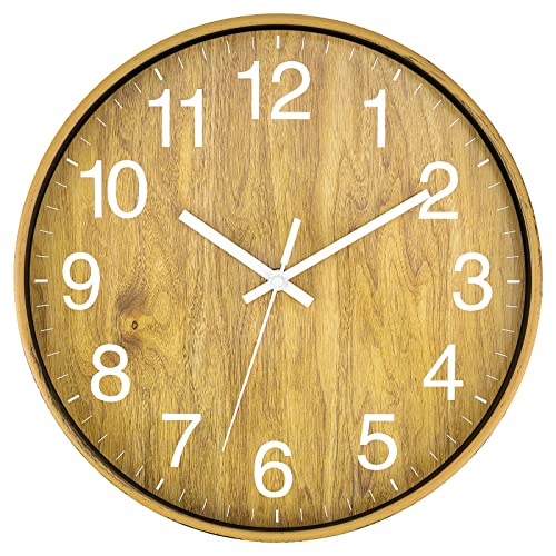 Foxtop Horloge murale ronde en bois de 30,5 cm silencieuse sans tic-tac à piles pour salon, chambre à coucher, cuisine, bureau Cover