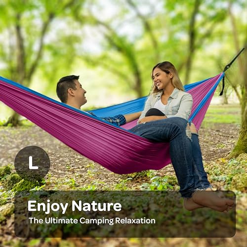 Image of Durable Hammock 500 lb Capacity, Nylon Camping Hammock Chair - Double or Single Sizes w /Tree Straps and Attached Carry Bag - Portable for Travel /Backpacking /Beach /Backyard (Large, Fuchsia & Sky Blue)