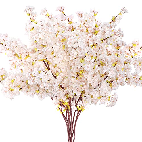 Giegxin Set of 8 Silk Cherry Blossom Branches Cherry Blossom Tree Stems Long Stem Artificial Flowers for Tall Vase Flowers for Home Wedding Vase Floral Arrangements, 39.37 Inch(White)