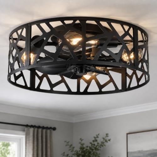 Image of 20 inch Farmhouse Flush Mount Ceiling Fan with Light and Remote, Black Caged Low Profile Fandelier, 6-Speed Reversible Enclosed Ceiling Fan for Bedroom, Kitchen, Small Room