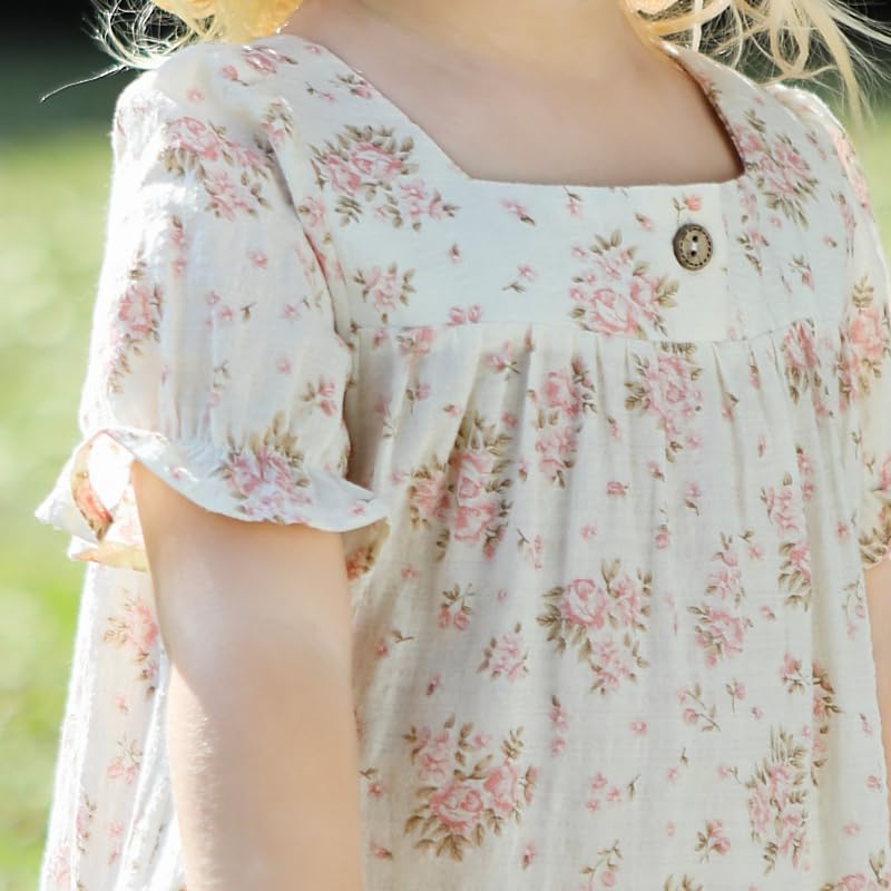 Floral Girl's Dress Ruffle Puff Sleeved Printing Dress Girls Square Neck Vintage Summer Casual Girls Dress4