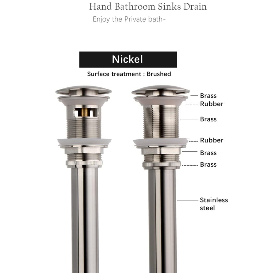 WRIST Vidange D'évier Pop Up, Vidange D'évier De Salle De Bain en Laiton avec Panier À Crépine Attrape-Cheveux Anti-Obstruction Vidange Pop Up avec Ou sans Trop-Plein, Nickel Brossé,B