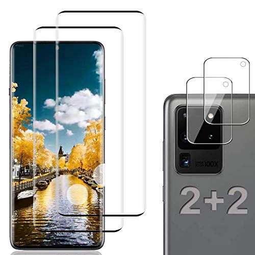 2+2 Pack Galaxy S20 Ultra Screen Protector+ Camera Lens Protector, 9H Hardness/Anti-Fingerprint/Ultra-Clear/Fingerprint Unlock 3D Curved Tempered Glass Film Compatible, for Samsung Galaxy S20 Ultra