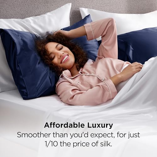Image of Bedsure King Size Satin Pillowcase Set of 2 - Navy Silky Pillow Cases for Hair and Skin with Envelope Closure, Similar to Silk Pillow Cases, Gifts for Women Men, 20x36 Inches, 2pcs