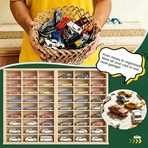 Image of Model Car Display Case 24 x 17 in, Holds 54 Fits 1 /64 Scale Toy car Storage Organizer,Wall-Mounted Toy Shelf Display Storage, Collapsible Wooden Box with 2 Acrylic Cover Plates (Only Box - Wood)