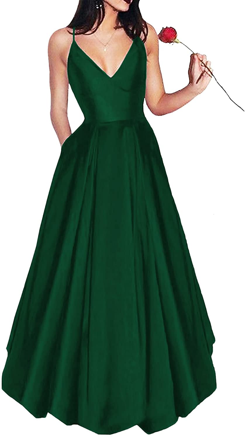 Long Spaghetti Straps V-Neck Satin A-line Prom Dress with Pockets