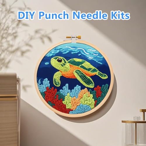 Image of Punch Needle Embroidery Kit for Adults & Kids - Green Sea Turtle Design - Modern Style - Includes Fabric, Yarn, Needle, Hoop, Threader & Instructions