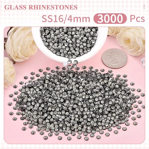 Image of 3000PCS SS16 /4mm Crystal Glass Rhinestones for Bedazzling (Black Diamond) | Flatback Rhinestones for Crafting DIY Nail Art Makeup Decoration, Gems Diomand Charms for Tumbler Shoes Clothing Mug