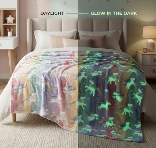 Image of BSB HOME Glow in The Dark Kids Blanket Single Bed Size, Soft Fleece Luminous Bed Throw, Cozy Lightweight Blanket for Boys & Girls (60 x 90 in / 152 x 229 cm) (Unicorn Print - Red Blue & Lavander)