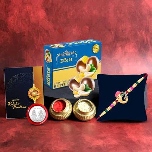 Image of DeoDap Ganesh Design Mina Beads Rakhi Coated with Chocolate, Silver Pooja Coin, Tilak Set, Greeting Card - Rakhi Gift for Brother