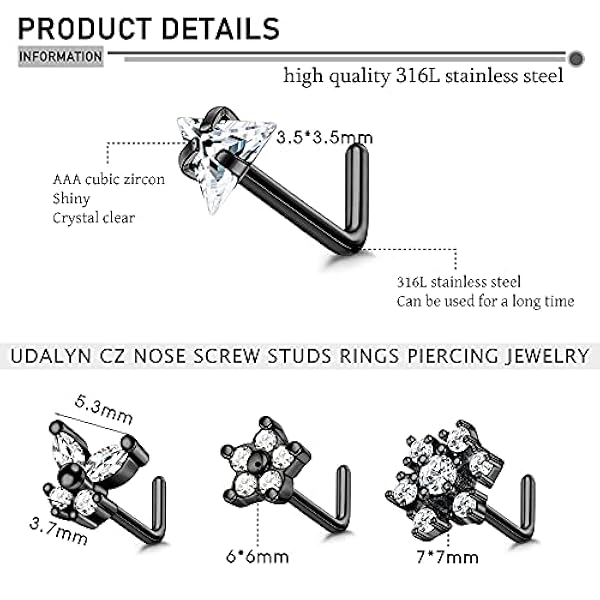 Udalyn 4 piezas 20G anillos de nariz de acero quirúrgico CZ mariposa nariz piercing triángulo nariz l forma pernos para mujeres hombres plata oro rosa negro
