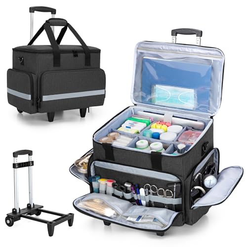 Image of CURMIO Rolling Medical Bag with Wheels, First Aid Kits Case with Removable Dividers, Empty Emergency Response Supplies Bag for Home Health Nurses, Doctors, EMT, EMS Professionals, Black